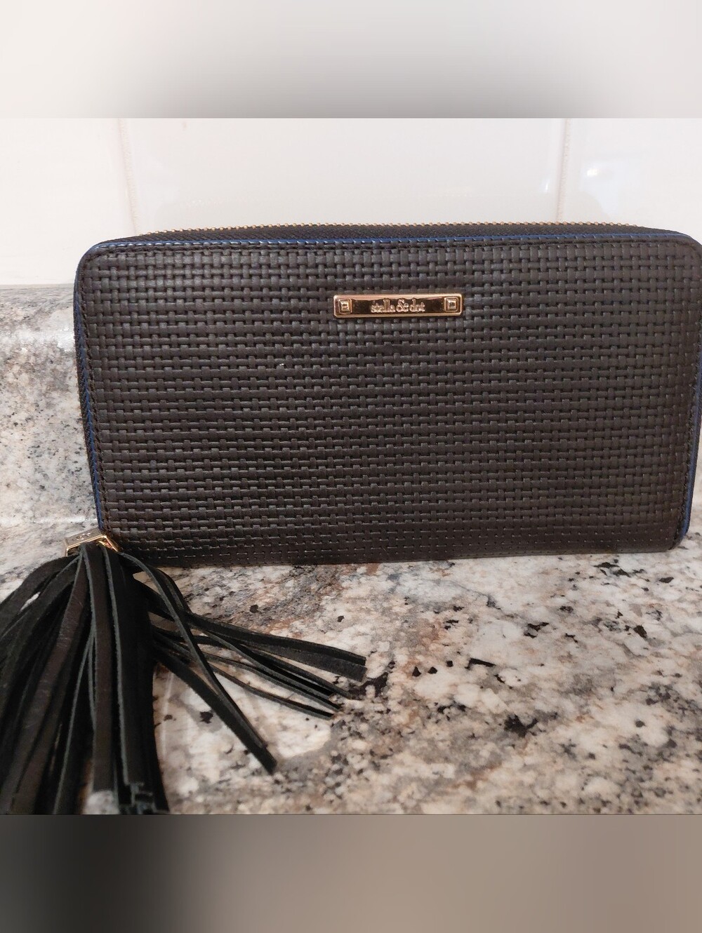 Stella & Dot Black Gold Woven Clutch Wallet with Tassel